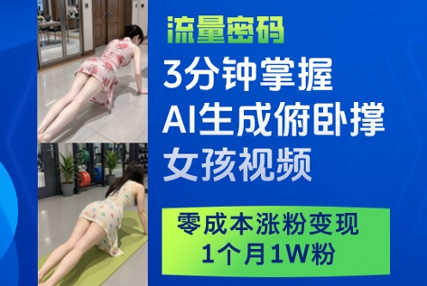 3分钟掌握AI生成俯卧撑女孩视频，零成本涨粉变现，1个月1W粉-好运多多