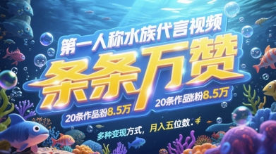 第一人称水族代言视频，条条万赞，20条作品涨粉7.8W，多种变现方式月入五位数-好运多多