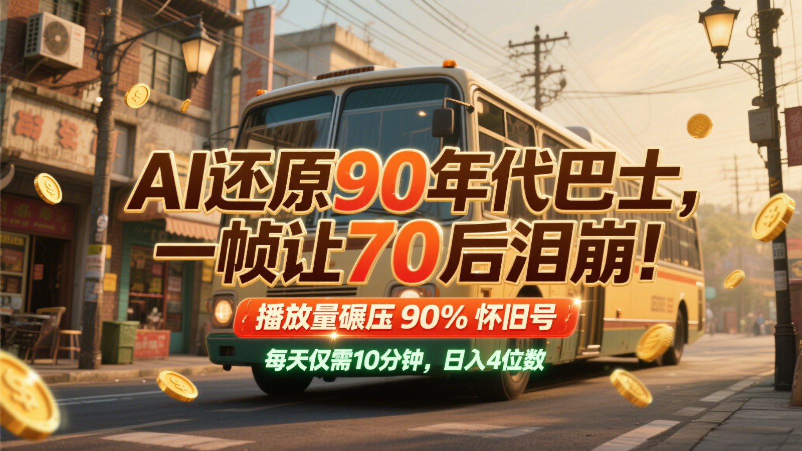AI还原90年代巴士，一帧让70后泪崩！播放量碾压90%怀旧号，每天10分钟，日入4位数-好运多多