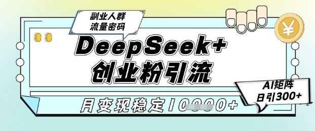 DeepSeek+创业粉精准引流，全新分享课4.0玩法，AI矩阵日引300+，多种变现方式，稳定月入1W-好运多多
