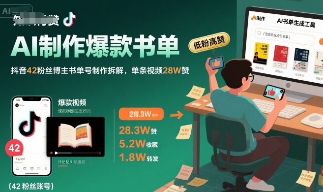 AI制作爆款书单,抖音42粉丝博主书单号制作拆解,单条视频28W赞-好运多多