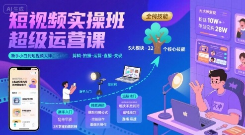 短视频实操班超级运营课，新手小白到短视频大神必修课程，剪辑-拍摄-运营-直播-变现-好运多多
