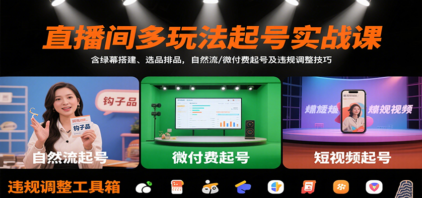 直播间多玩法起号实战课：含绿幕搭建、选品排品，自然流/微付费起号及违规调整技巧-好运多多
