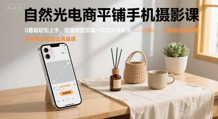 自然光电商平铺手机摄影课，0基础轻松上手，拍摄修图剪辑一站式实操教学，用手机也能拍出高级感-好运多多