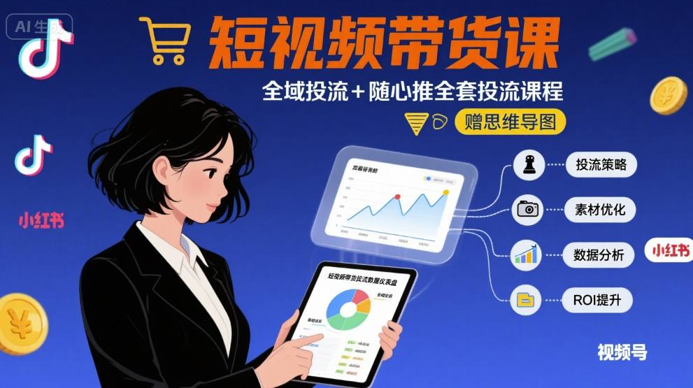 最新短视频带货课，全域投流+随心推全套投流课程+思维导图-好运多多