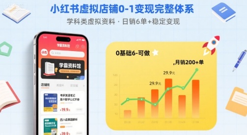 小红书虚拟店铺0-1变现完整体系：卖学科类虚拟资料，一天6张+，很稳定【已完结】-好运多多