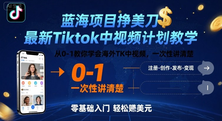蓝海项目挣美刀，最新Tiktok中视频计划教学，从0-1教你学会海外TK中视频，一次性讲清楚-好运多多