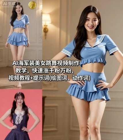 AI海军装美女跳舞视频制作教学，快速涨千粉万粉，视频教程+提示词(绘图词、动作词)-好运多多
