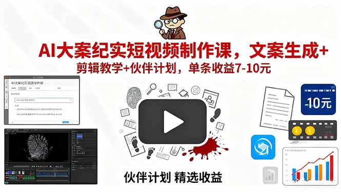 AI大案纪实短视频制作课，文案生成+剪辑教学+伙伴计划，单条收益7-10元-好运多多