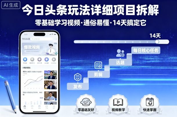 今日头条玩法详细项目拆解，零基础学习视频 通俗易懂 14天搞定它-好运多多