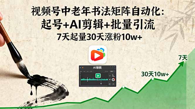 视频号中老年书法矩阵自动化：起号+AI剪辑+批量引流 7天起量30天涨粉10w+-好运多多