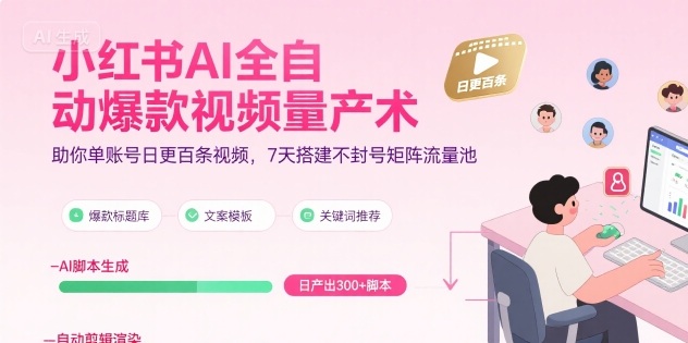 小红书AI全自动爆款视频量产术，助你单账号日更百条视频，7天搭建不封号矩阵流量池(更新9月)-好运多多