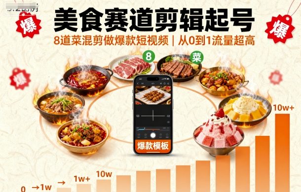 美食赛道剪辑起号，8道菜混剪做爆款短视频，从0到1，流量超高-好运多多