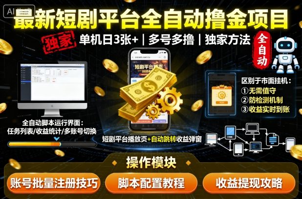 最新短剧平台全自动挂G撸金项目，单机一天3张+，多号多撸，区别于市面所有挂机项目，独家方法【揭秘】-好运多多