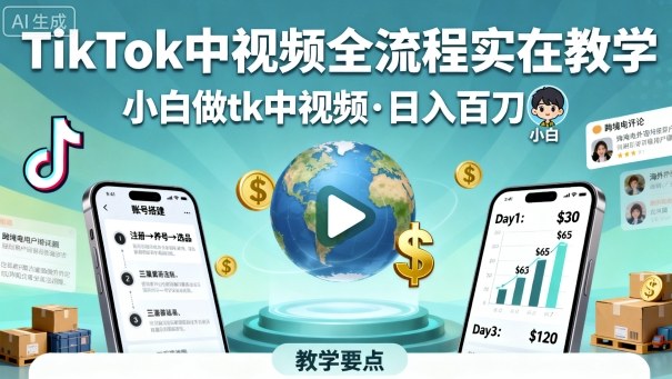 TikTok中视频全流程实操教学，小白做tk中视频，日入百刀-好运多多