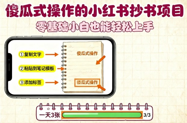 傻瓜式操作的小红书抄书项目，会复制粘贴就行，零基础小白也能一天3张-好运多多