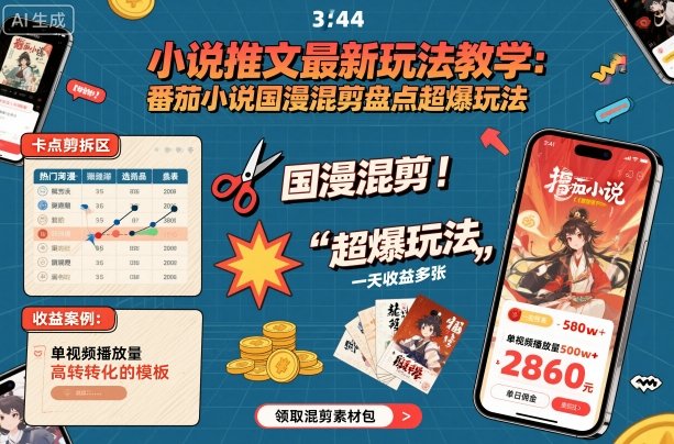 小说推文最新玩法教学，番茄小说国漫混剪盘点超爆玩法，全程干货，一天收益多张-好运多多