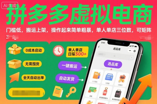 拼多多虚拟电商，门槛低，搬运上架，操作起来简单粗暴，单人单店三位数，可矩阵-好运多多