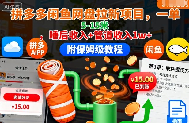 拼多多闲鱼网盘拉新项目，一单5-15米，睡后收入+管道收入1w+(附保姆级教程)-好运多多