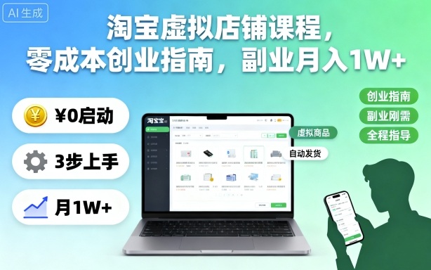 淘宝虚拟店铺课程，零成本创业指南，副业月入1W+-好运多多