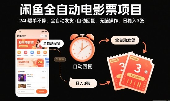 闲鱼全自动电影票项目,24h爆单不停,全自动发货+自动回复,无脑操作,日稳入3张【揭秘】-好运多多