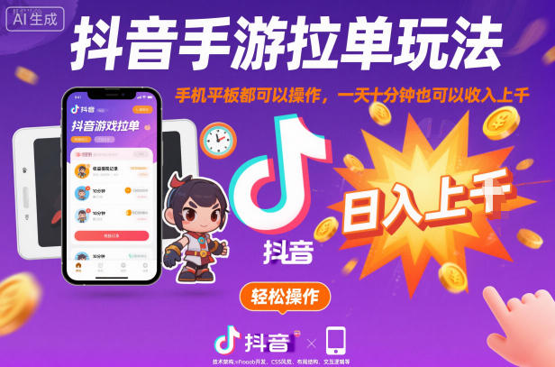 抖音手游拉单玩法，手机平板都可以操作，一天十分钟也可以收入上K【揭秘】-好运多多