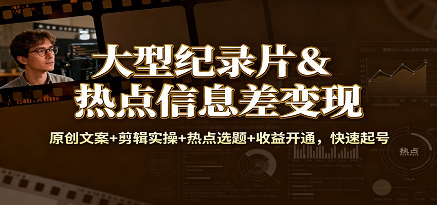 大型纪录片&热点信息差变现：原创文案+剪辑实操+热点选题+收益开通，快速起号-好运多多