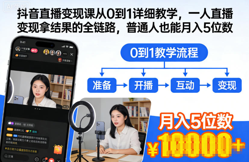 抖音直播变现课从0到1详细教学，一人直播变现拿结果的全链路，普通人也能月入5位数-好运多多