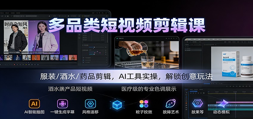 多品类短视频剪辑课：服装/酒水/药品剪辑，AI工具实操，解锁创意玩法-好运多多