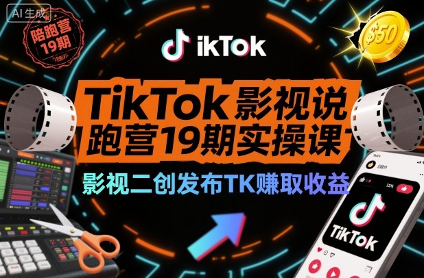 TikTok影视解说陪跑营19期实操课，影视二创发布TK賺取收益，万播收益50美金(更新)-好运多多
