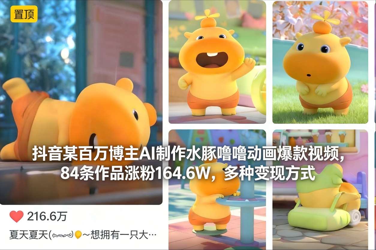 抖音某百万博主AI制作水豚噜噜动画爆款视频，84条作品涨粉164.6W，多种变现方式-好运多多
