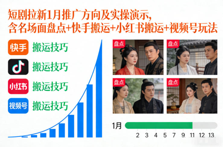 短剧拉新1月推广方向及实操演示，含名场面盘点+快手搬运+小红书搬运+视频号玩法-好运多多