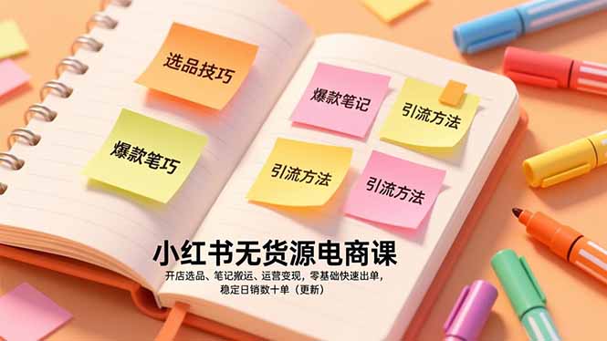 小红书无货源电商课，开店选品、笔记搬运、运营变现，零基础快速出单，稳定日销数十单(更新-好运多多