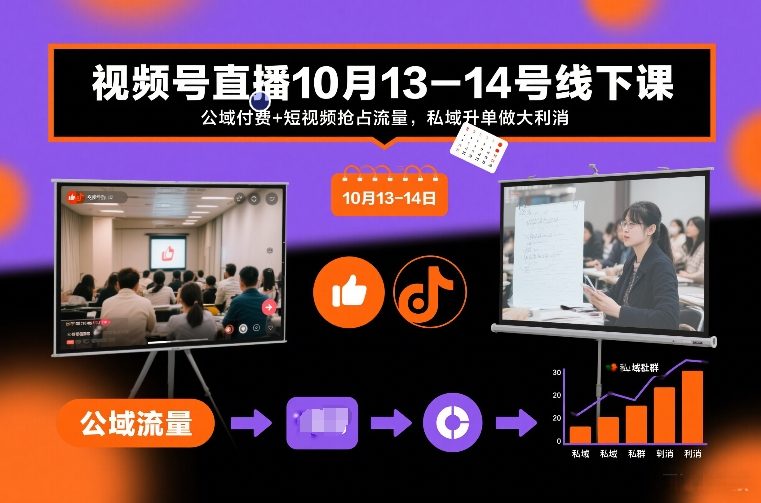 视频号直播10月13-14号线下课，公域付费+短视频抢占流量，私域升单做大利消-好运多多