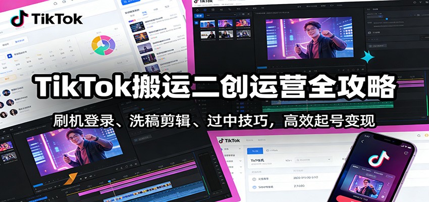 TikTok搬运二创运营全攻略：刷机登录、洗稿剪辑 、过中技巧，高效起号变现-好运多多