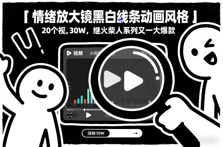 情绪放大镜黑白线条动画风格，20个视频，涨粉30W，继火柴人系列又一大爆款-好运多多