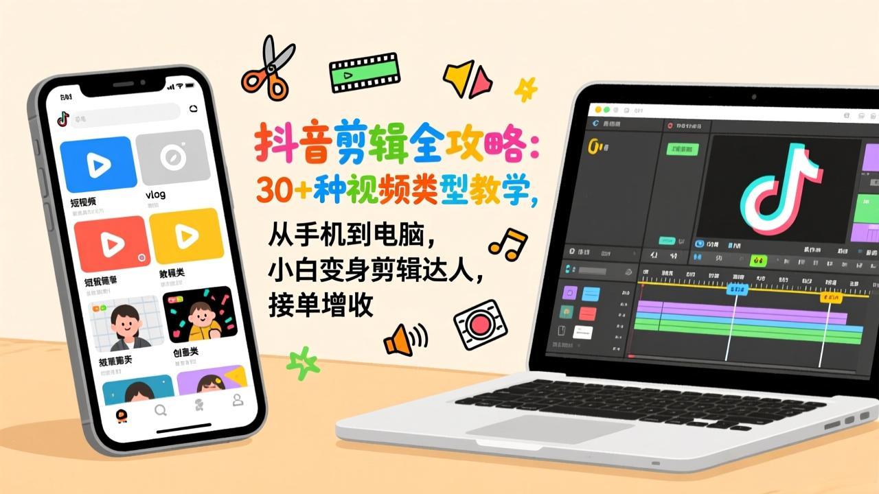 抖音剪辑全攻略：30+种视频类型教学，从手机到电脑，小白变身剪辑达人，接单增收-好运多多