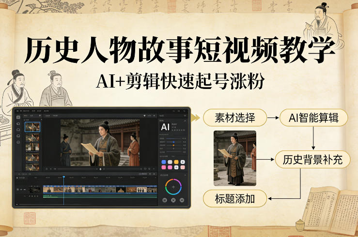历史人物故事短视频教学，AI+剪辑制作历史人物题材短视频，快速起号涨粉-好运多多