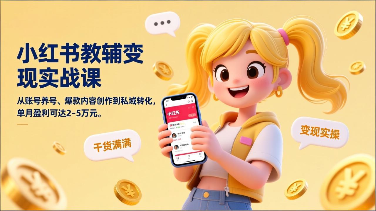 小红书教辅变现实战课，从账号养号、爆款内容创作到私域转化，单月盈利可达2-5万元-好运多多