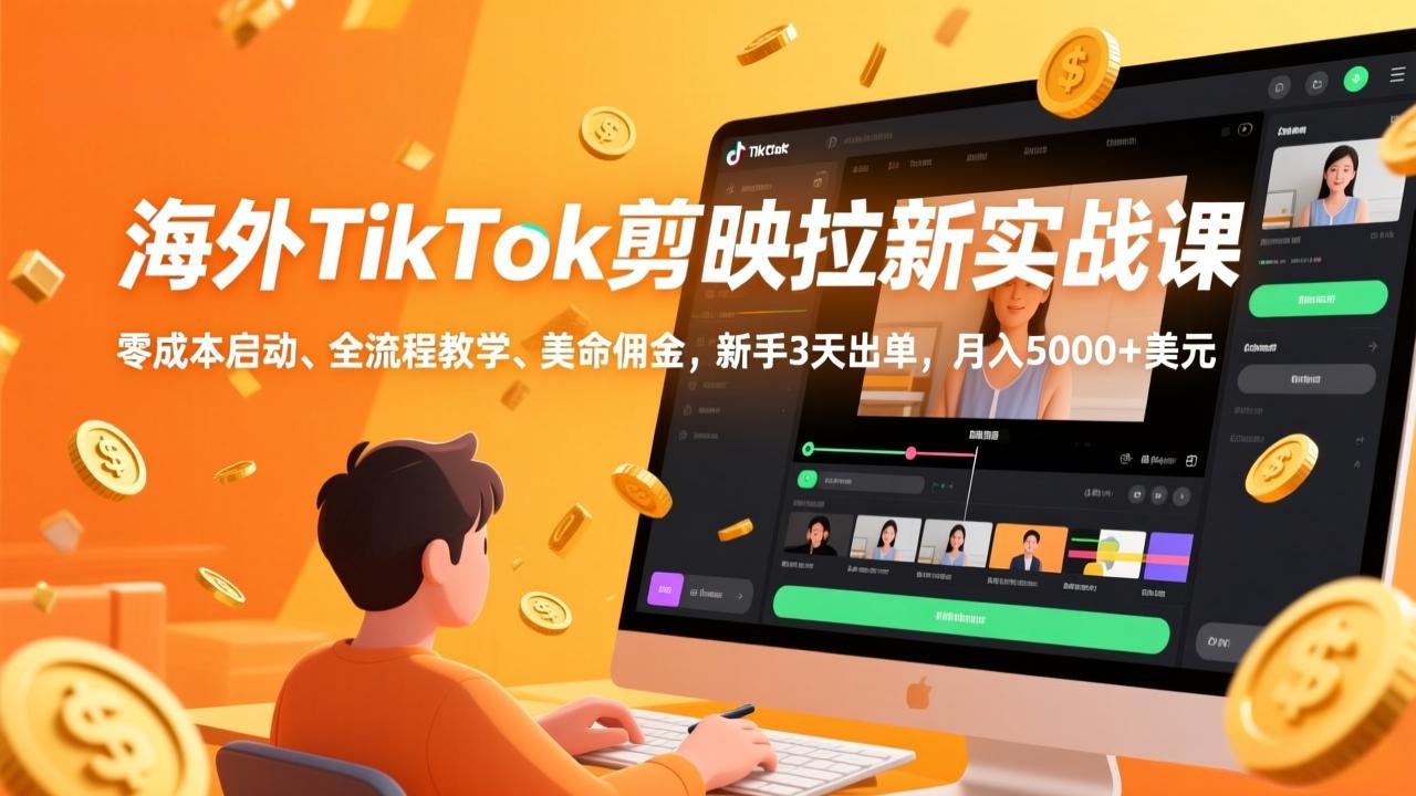 海外TikTok剪映拉新实战课，零成本启动、全流程教学、美金佣金，新手3天出单，月入5000+美元-好运多多