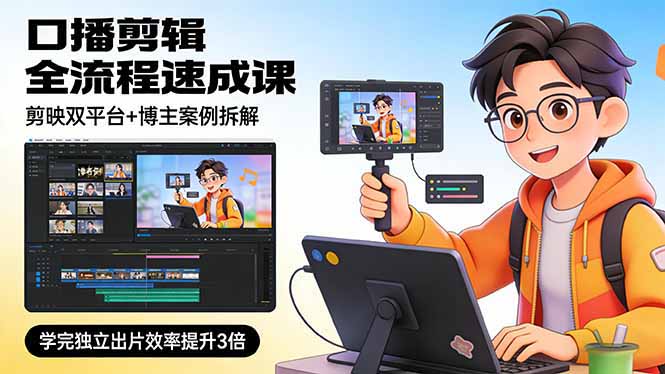 口播剪辑全流程速成课,剪映双平台+博主案例拆解,学完独立出片效率提升3倍-好运多多