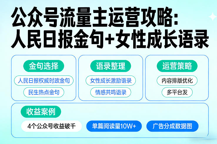 利用人民日报金句+女性成长语录做公众号流量主，4个公众号收益破千-好运多多