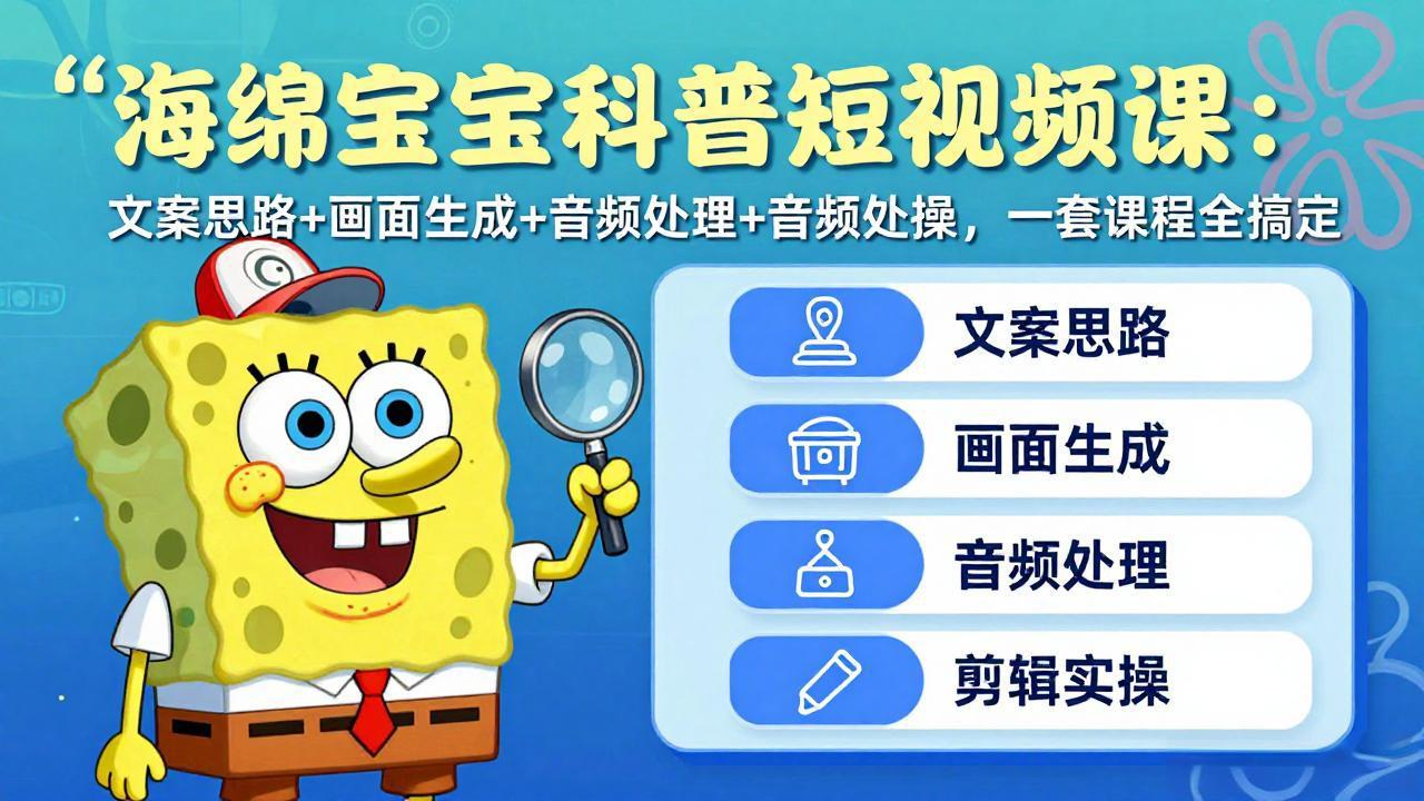 海绵宝宝科普短视频课：文案思路+画面生成+音频处理+剪辑实操，一套课程全搞定-好运多多