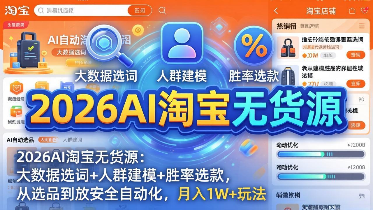 2026AI淘宝无货源：大数据选词+人群建模+胜率选款，从选品到放大全自动化，月入1W+玩法-好运多多
