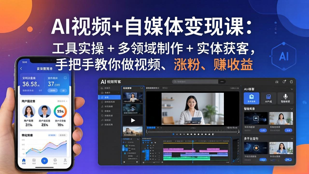 AI视频+自媒体变现课：工具实操 + 多领域制作 + 实体获客，手把手教你做视频、涨粉、赚收益-好运多多
