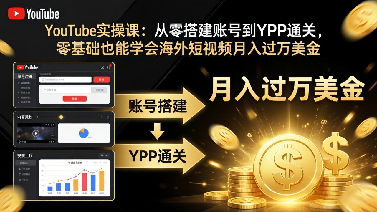 YouTube实操课：从零搭建账号到YPP通关，零基础也能学会海外短视频月入过万美金-好运多多