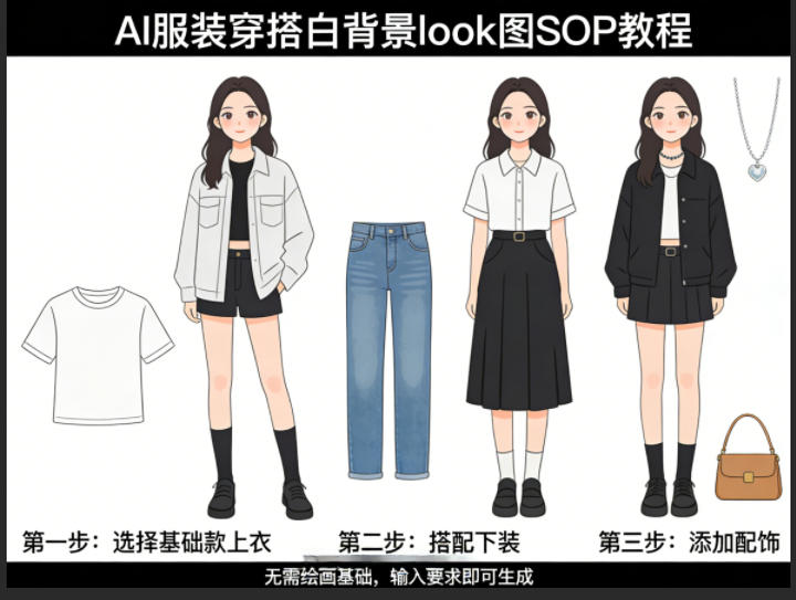 AI服装穿搭白背景look图SOP教程，不用会画画，提几句具体要求，AI就能还你一个奇迹-好运多多