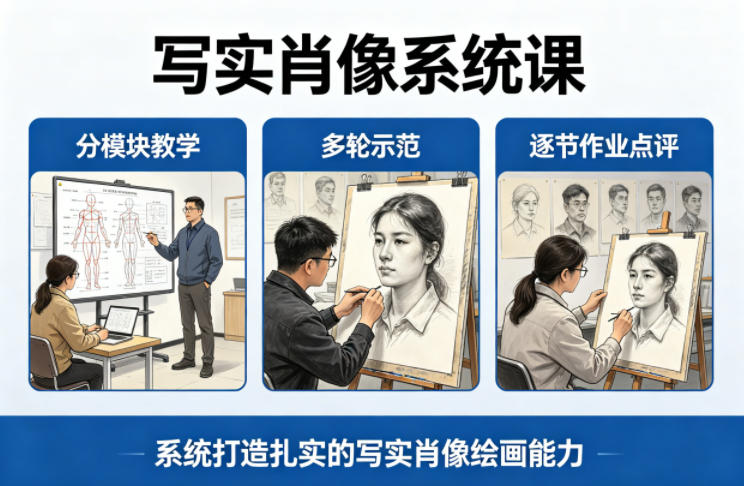 写实肖像系统课,全程分模块教学+多轮示范+逐节作业点评,系统打造扎实的写实肖像绘画能力-好运多多