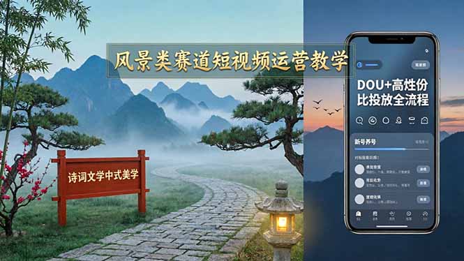 风景类赛道短视频运营教学：诗词文学中式美学，新号养号对标账号定位，DOU+高性价比投放全流程-好运多多