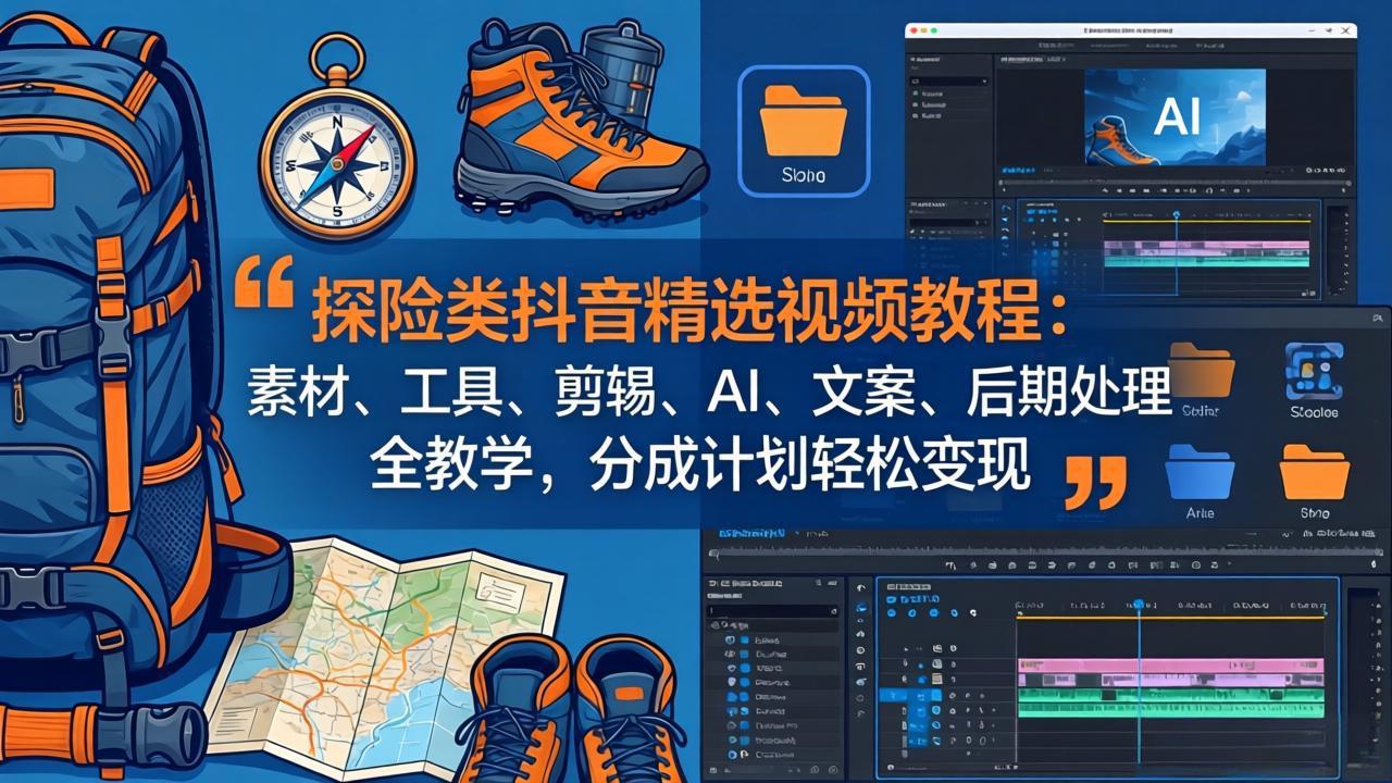 探险类抖音精选视频教程：素材、工具、剪辑、AI、文案、后期处理全教学，分成计划轻松变现-好运多多